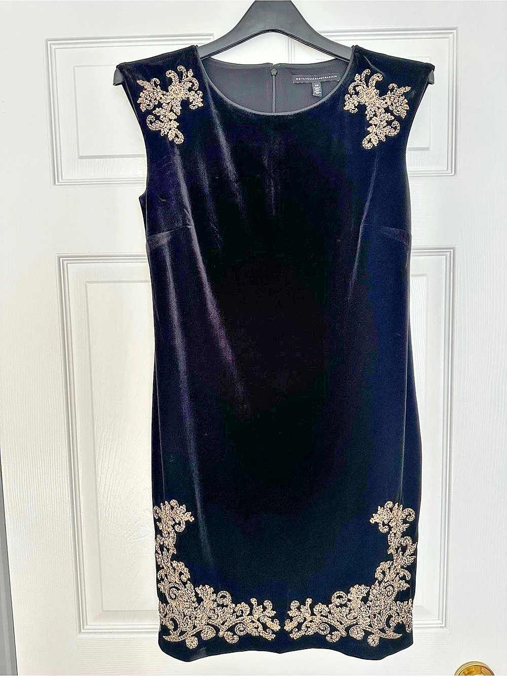 White House Black Market Black Velvet Gold Embroidered Shift Dress - XS
